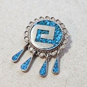 Vintage Mexico Alpaca Silver Crushed Turquoise Chip Inlay Brooch Pendant Pin